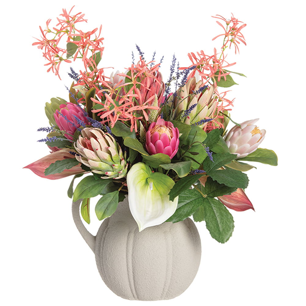 PROTEA/ FRINGETREES/ANTHURIUM IN TERRA COTTA PITCHER Pink Green