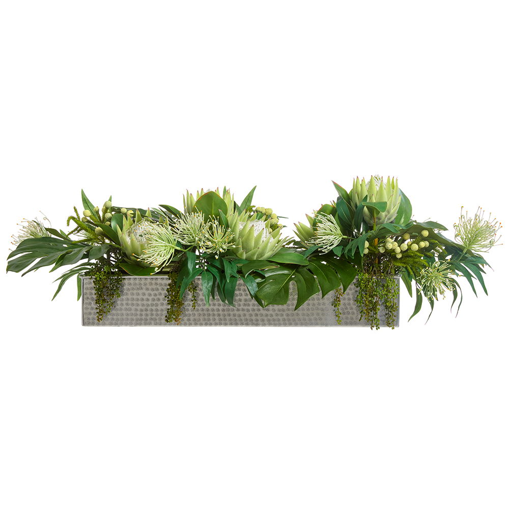 Protea/Philo Leaf Arrangement in Long Metal Planter Cream Green