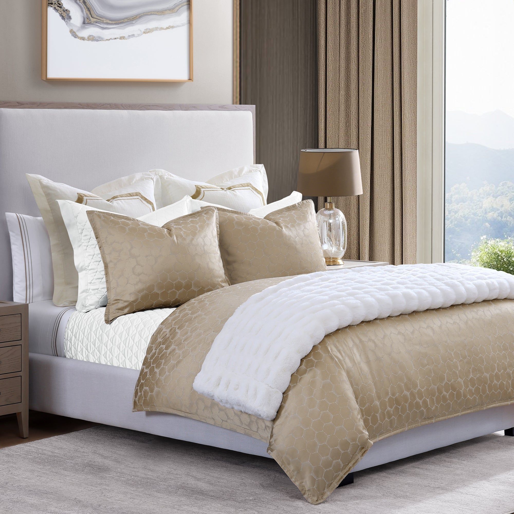 Honeycomb - Queen Jacquard Comforter Set (Set of 3) - Light Gold