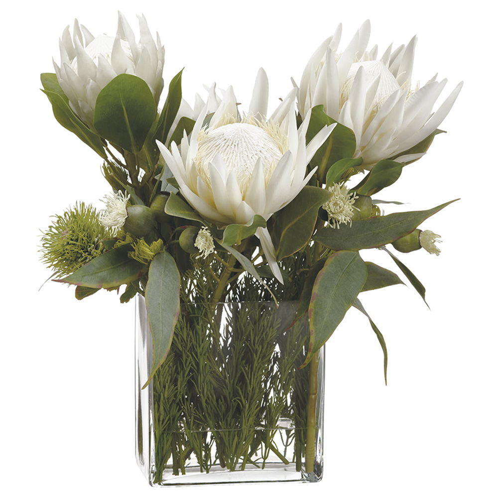 Protea/Rosemary/Wolly in Glass Vase Cream