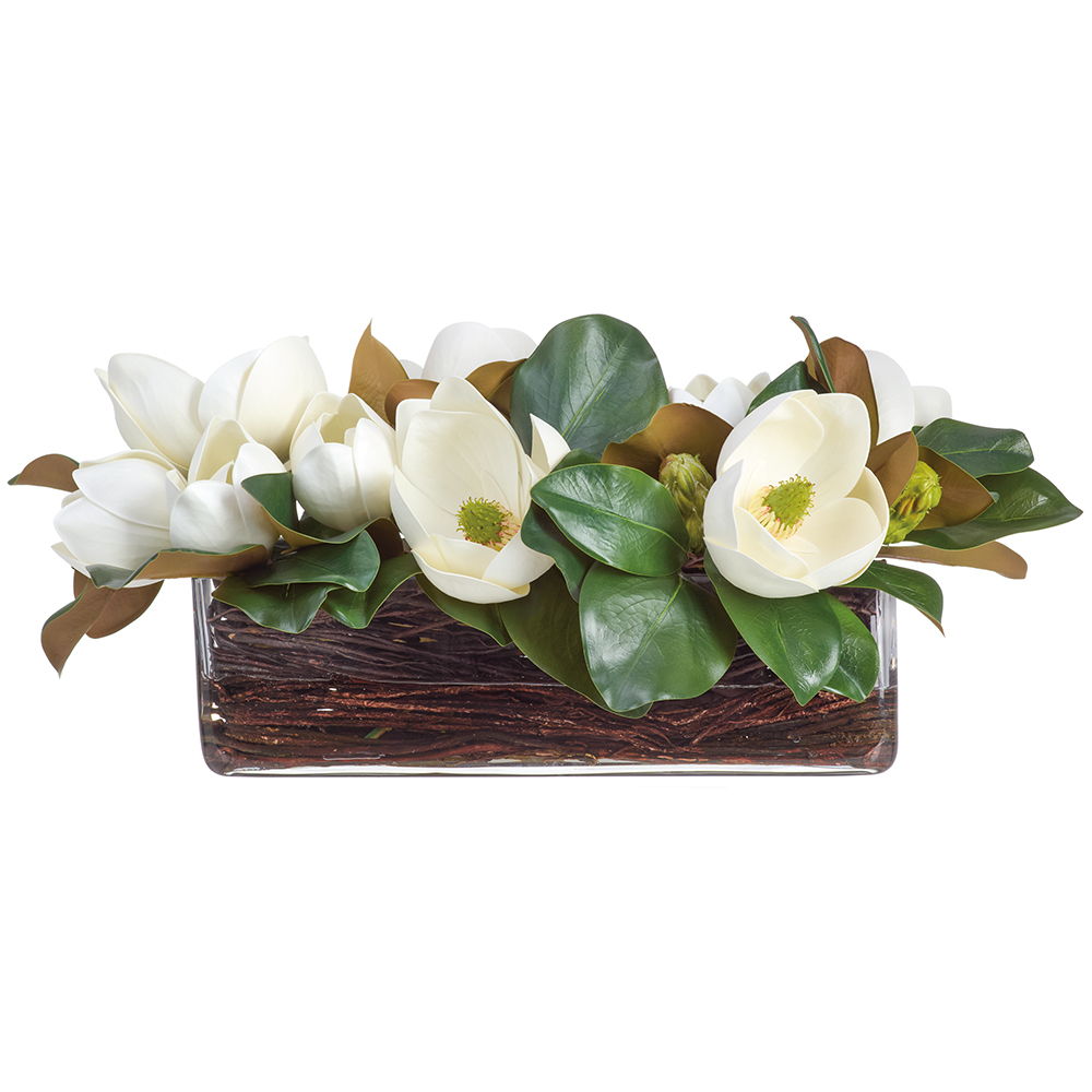 Magnolias in Glass Vase White Green