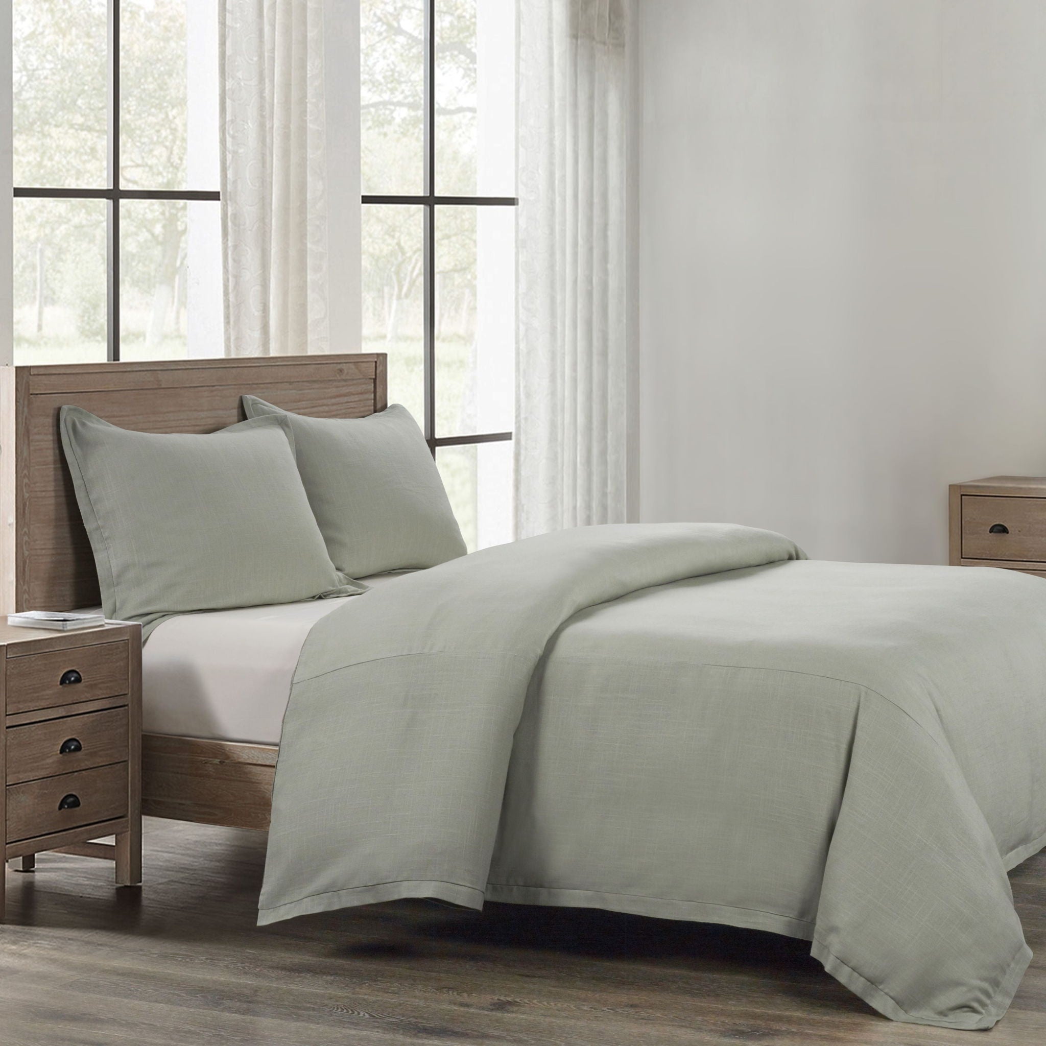 Hera - Queen Washed Linen Flange Duvet Cover Set (Set of 3) - Sage