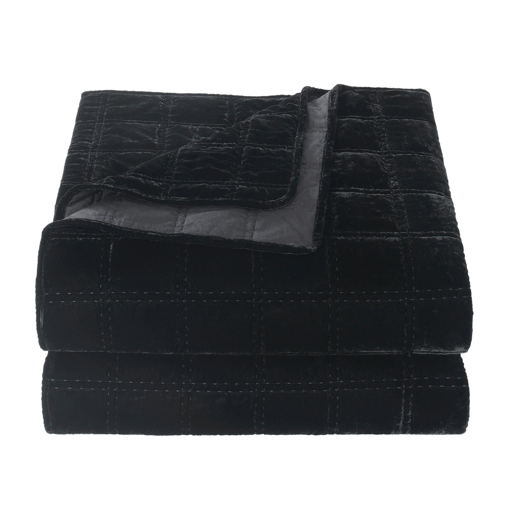 Stella - Full/Queen Faux Silk Velvet Double Box Stitch Quilt Set (Set of 3) - Black