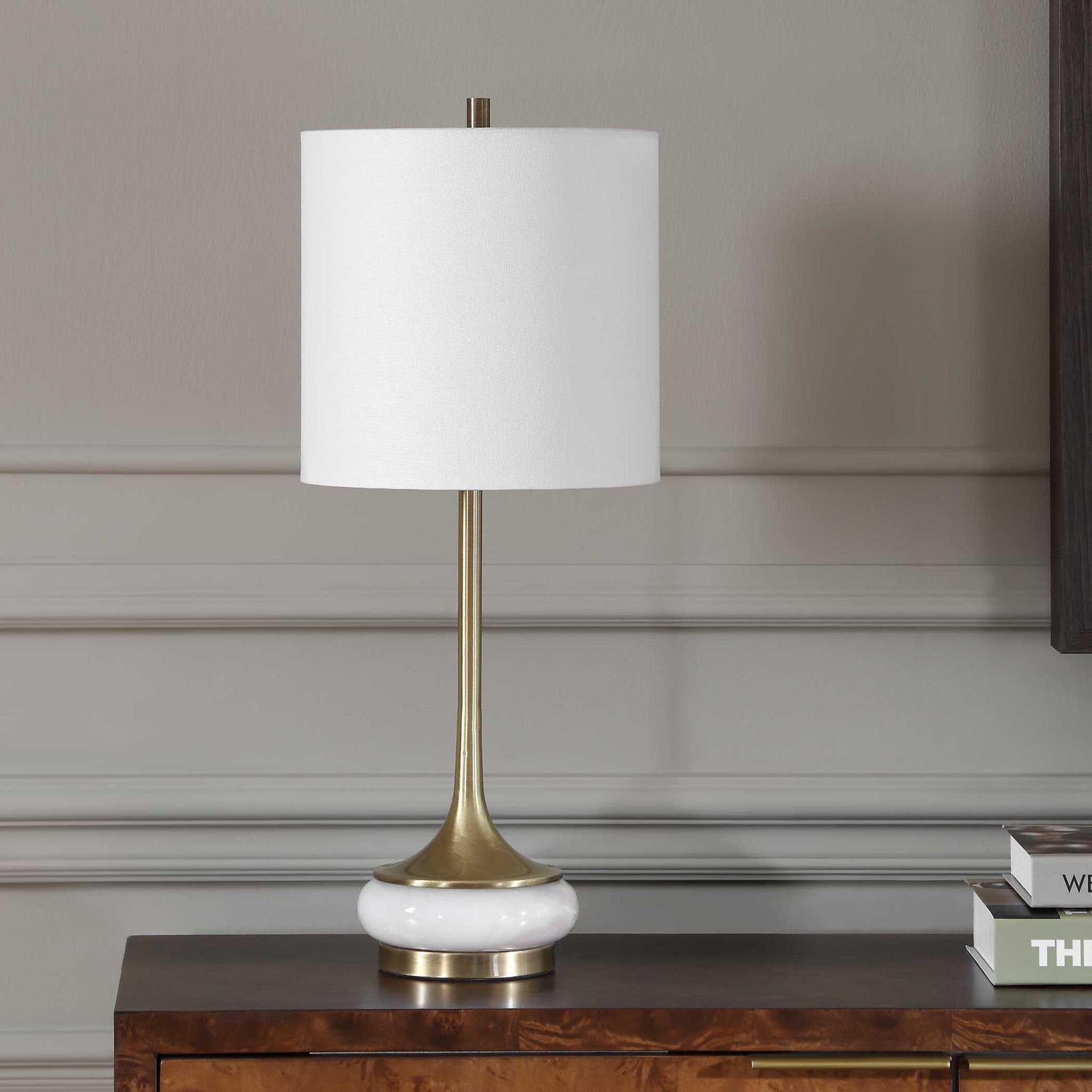 Molena - Brass & Pearly Stone Table Lamp - Brass,Gold,White