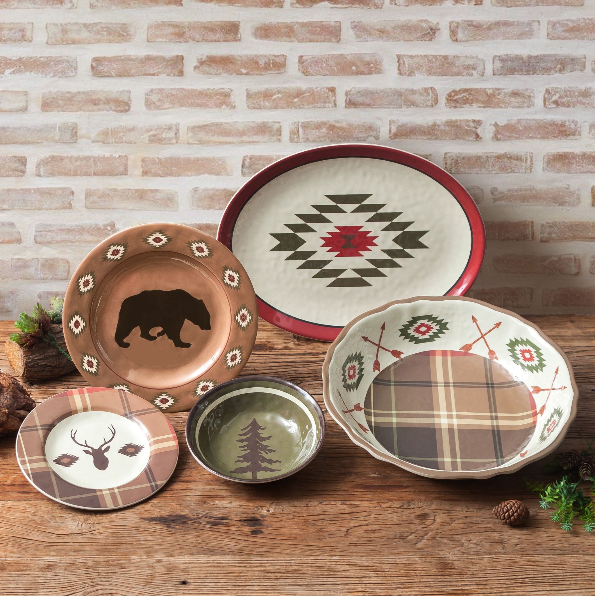 Aztec Bear - Melamine Dinnerware Set (Set of 14), 2 Per Carton - Brown / Red