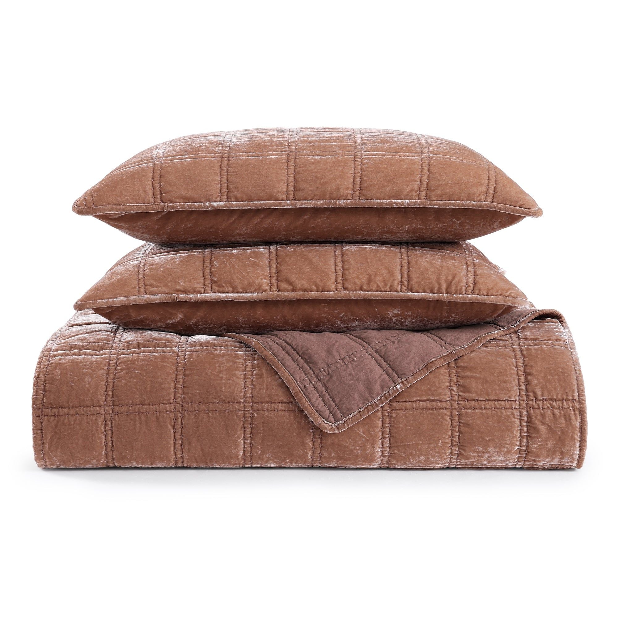 Stella - King Faux Silk Velvet Double Box Stitch Quilt Set (Set of 3) - Dusty Rose