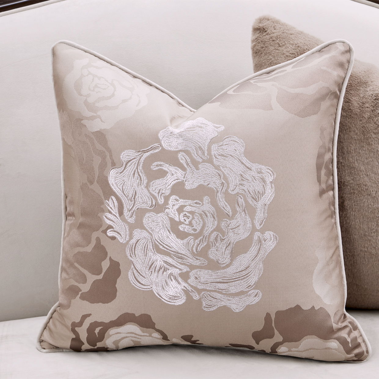 Camellia Field - Asymmetrical Velvet Sofa - Beige / Dark Brown