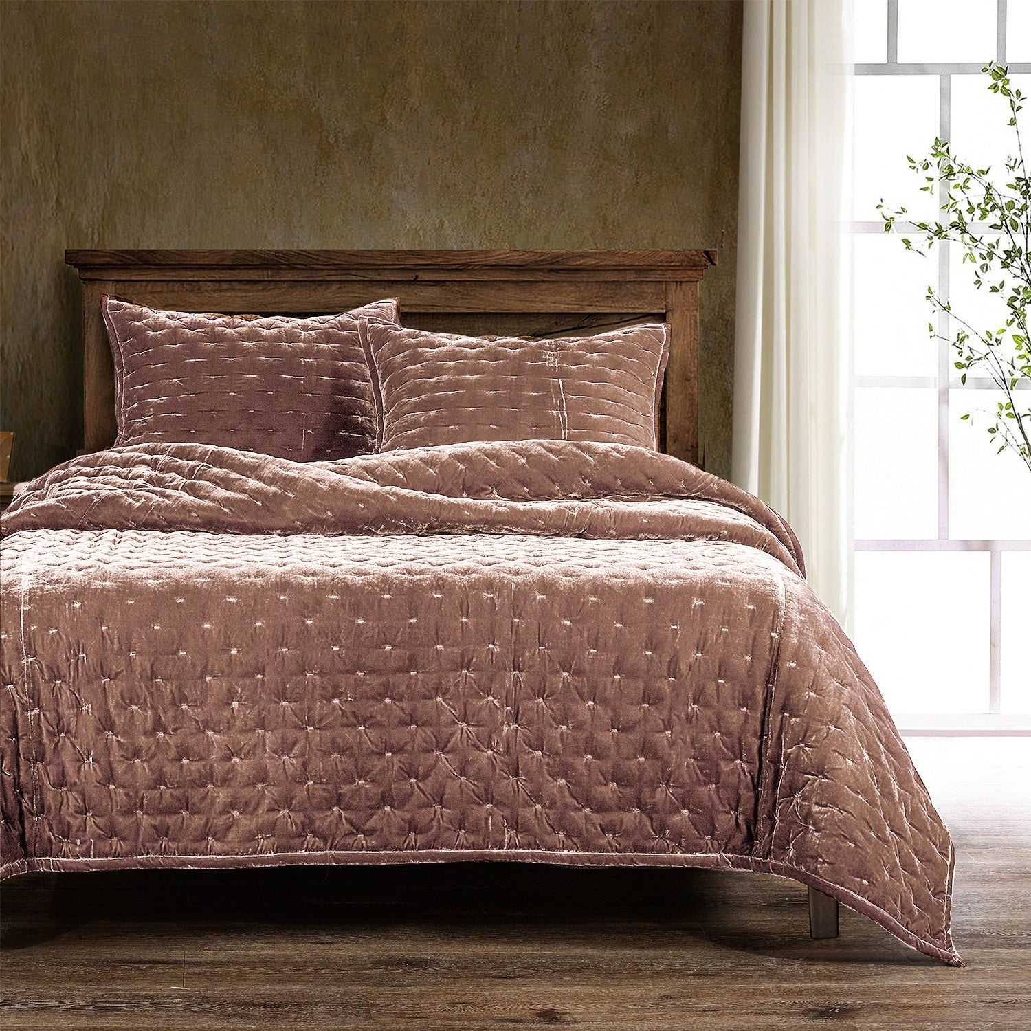 Stella - King Faux Silk Velvet Pintuck Quilt Set (Set of 3) - Dusty Rose