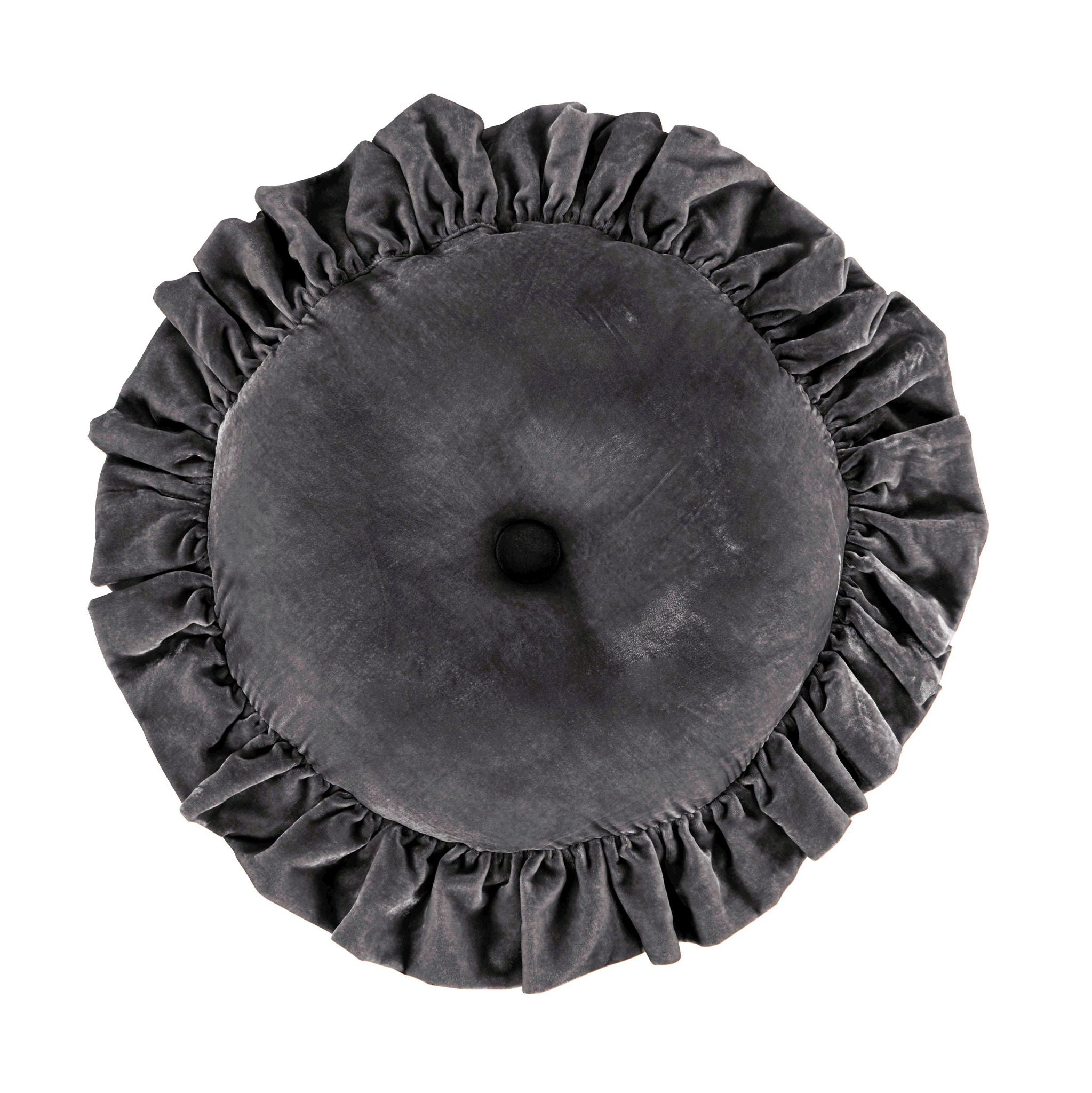 Stella - Faux Silk Velvet Ruffled Round Pillow - Dark Slate