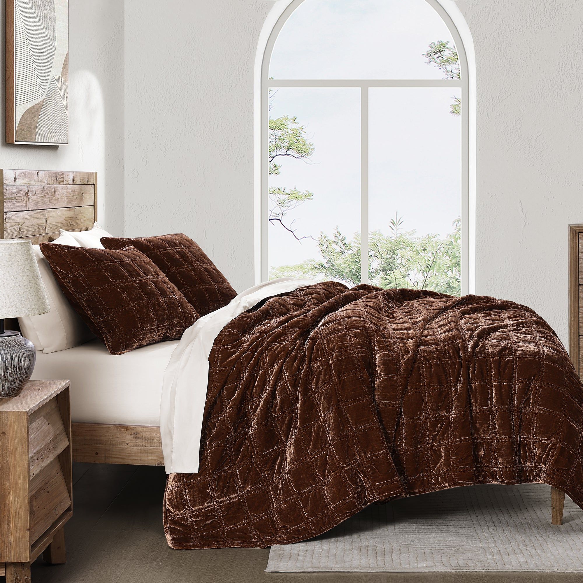 Stella - King Faux Silk Velvet Double Box Stitch Quilt Set (Set of 3) - Copper Brown
