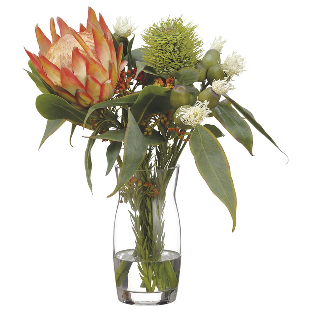 Protea/Eucalyptus/Wolly in Glass Vase Orange