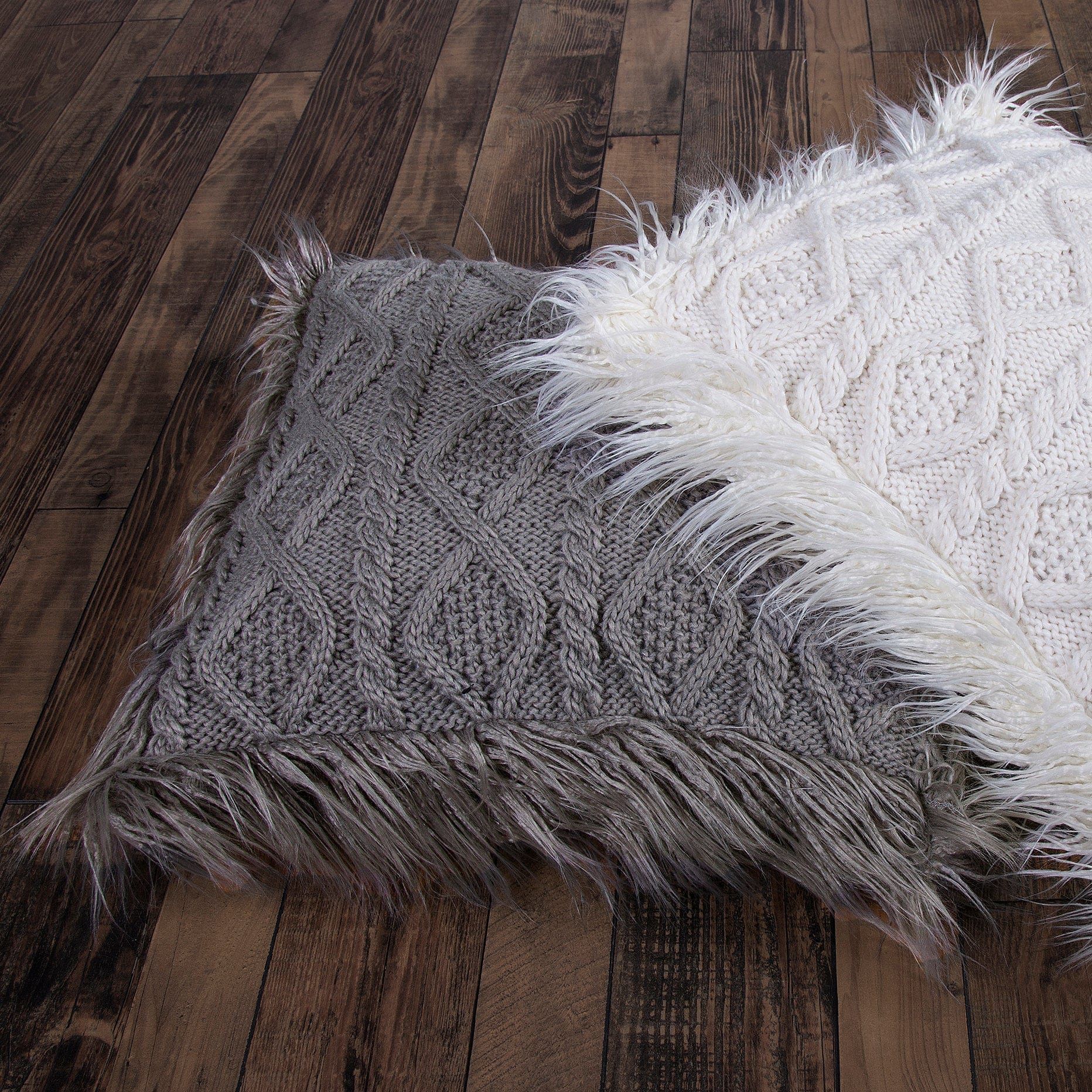 Nordic - Cable Knit & Mongolian Fur Throw Pillow - White