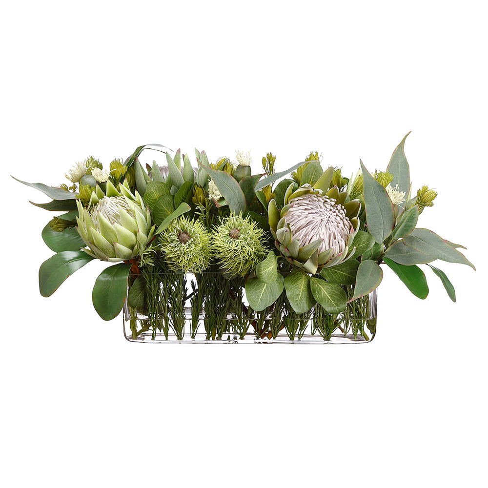 Protea/ Eucalyptus/Rosemary in Vase Green