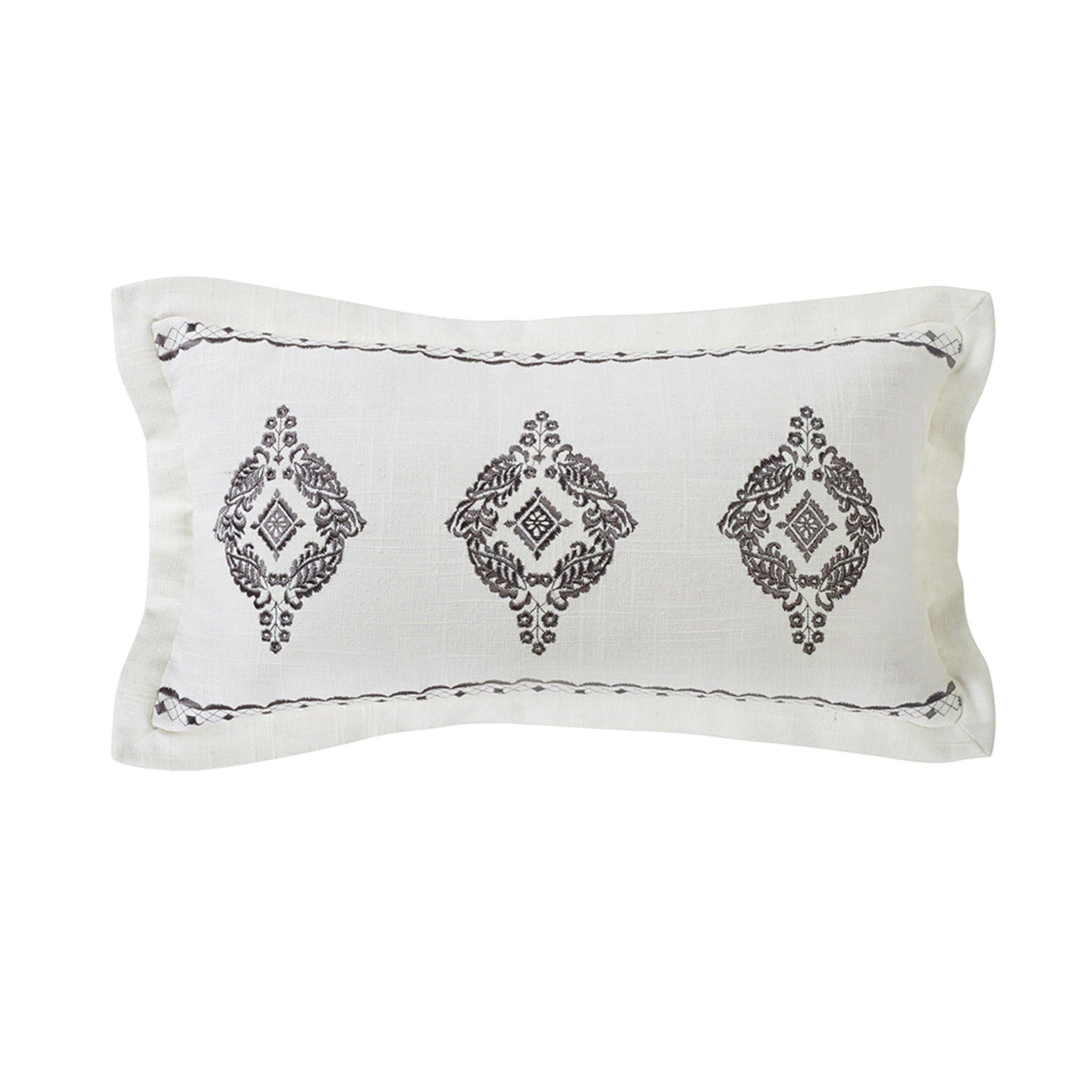 Charlotte - Oblong Gray Flanged & Embroidered Lace Design Pillow - Gray / Cream