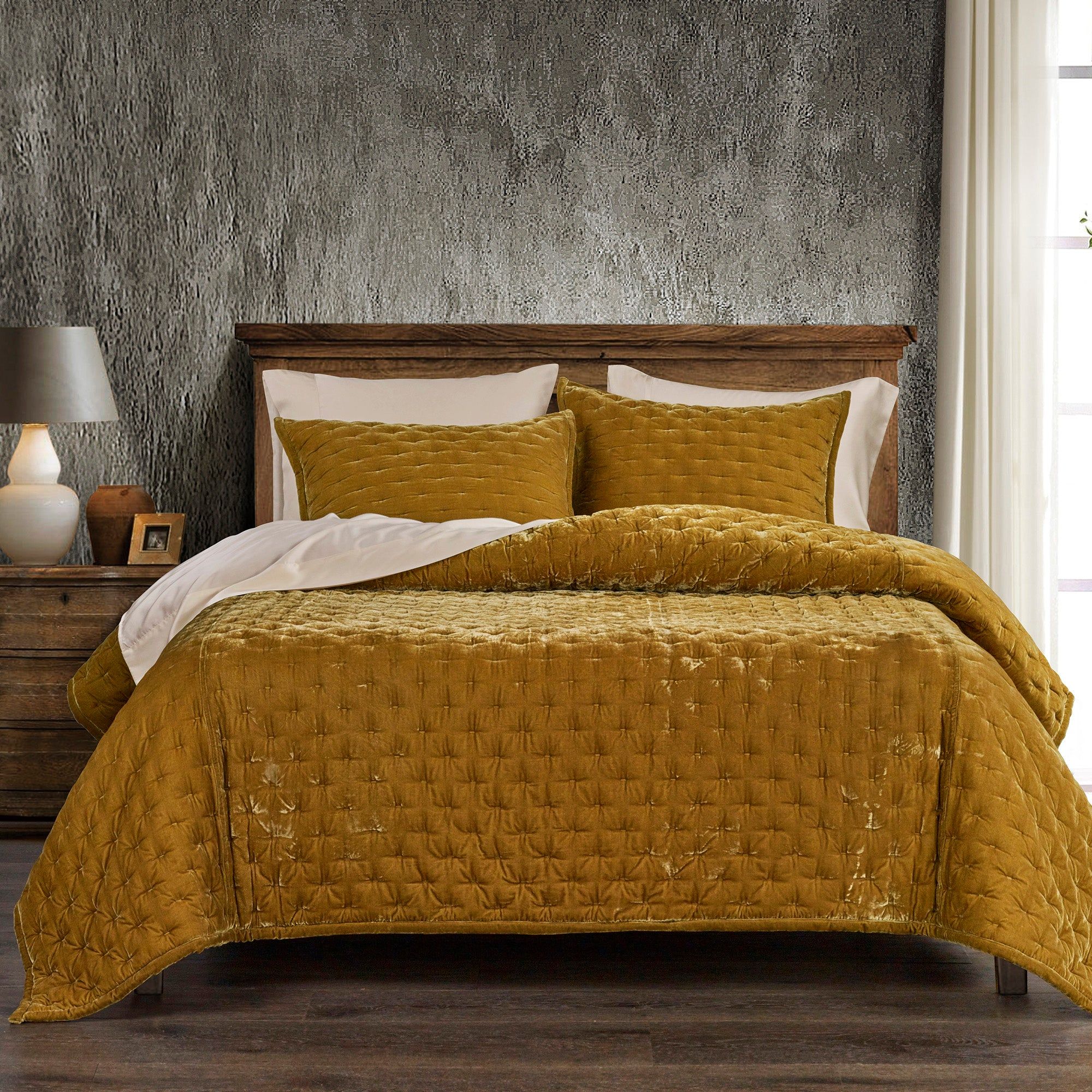Stella - Full/Queen Faux Silk Velvet Pintuck Quilt - Saffron