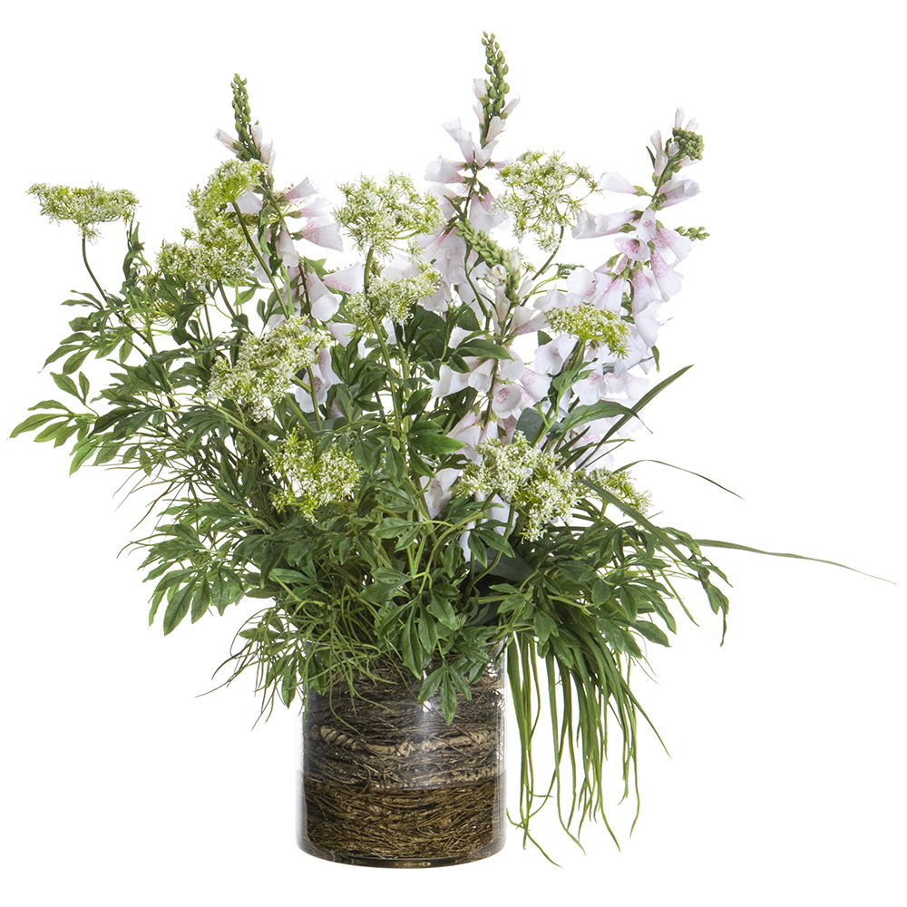 Queen Anne's/Foxglove/Grass in Glass Vase White Pink