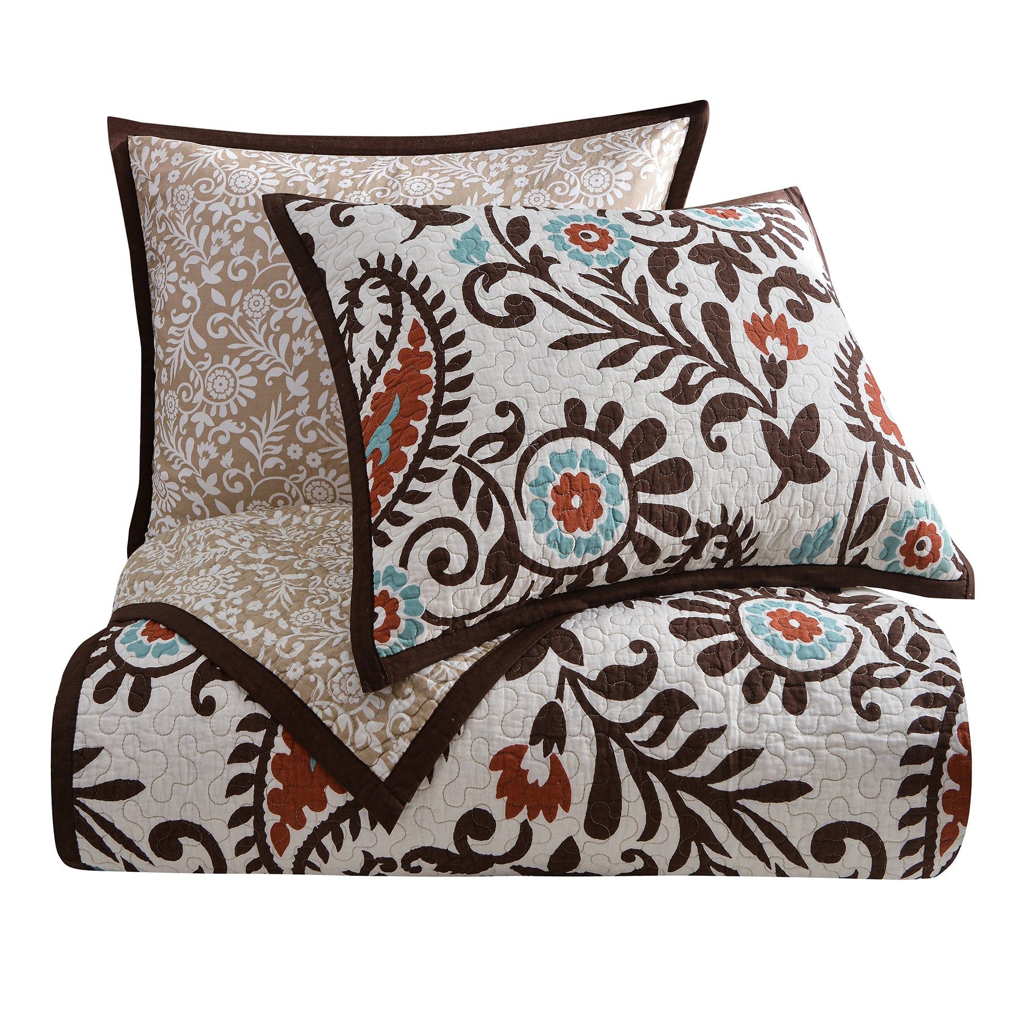 Rebecca - King Paisley Reversible Quilt Set (Set of 3) - Turquoise / Brown