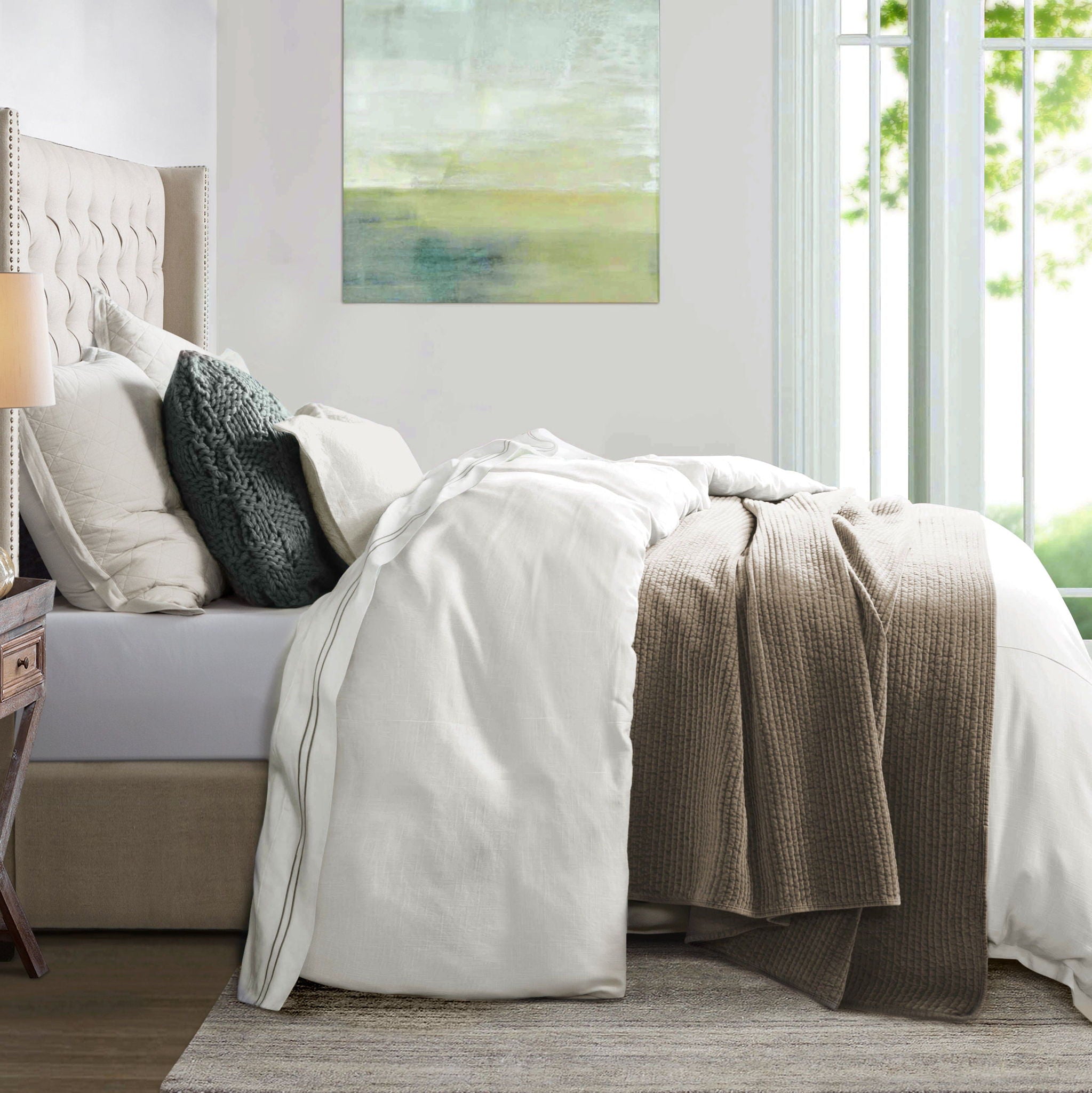 Hera - Queen Washed Linen Flange Duvet Cover Set (Set of 3) - White