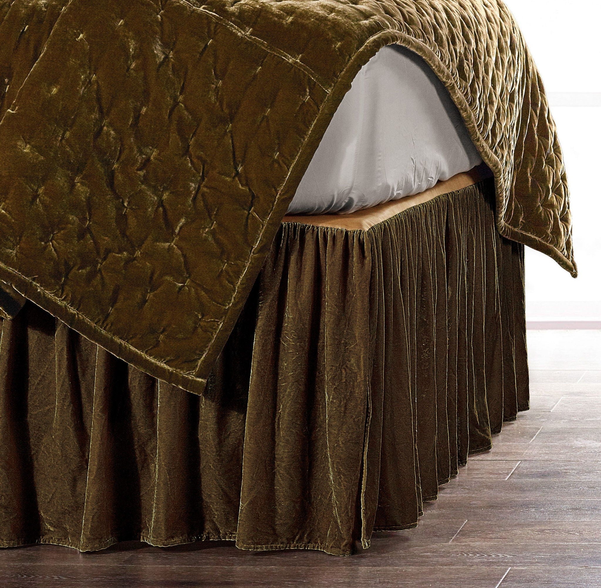 Stella - Queen Faux Silk Velvet Bed Skirt - Green Ochre