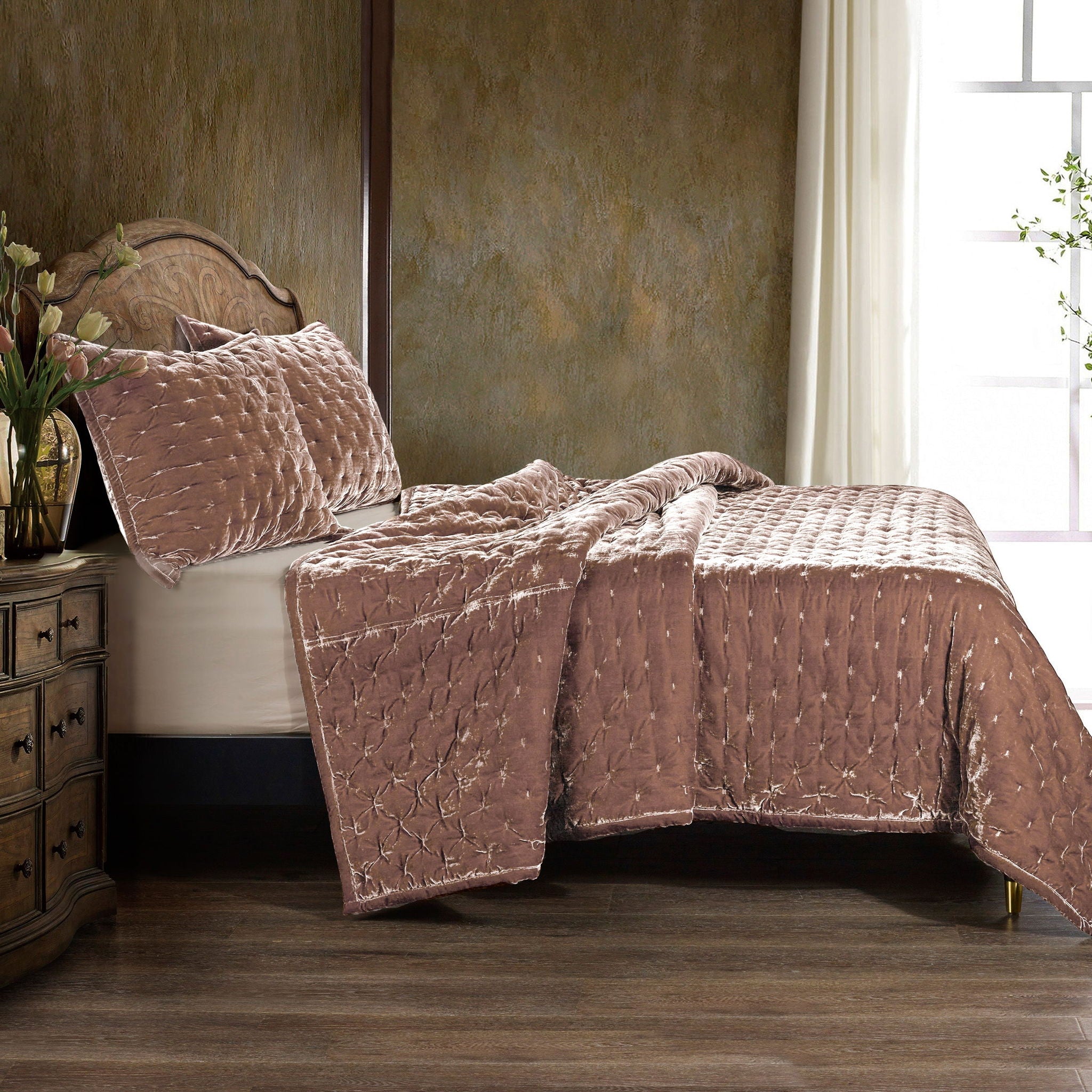 Stella - King Faux Silk Velvet Pintuck Quilt - Dusty Rose