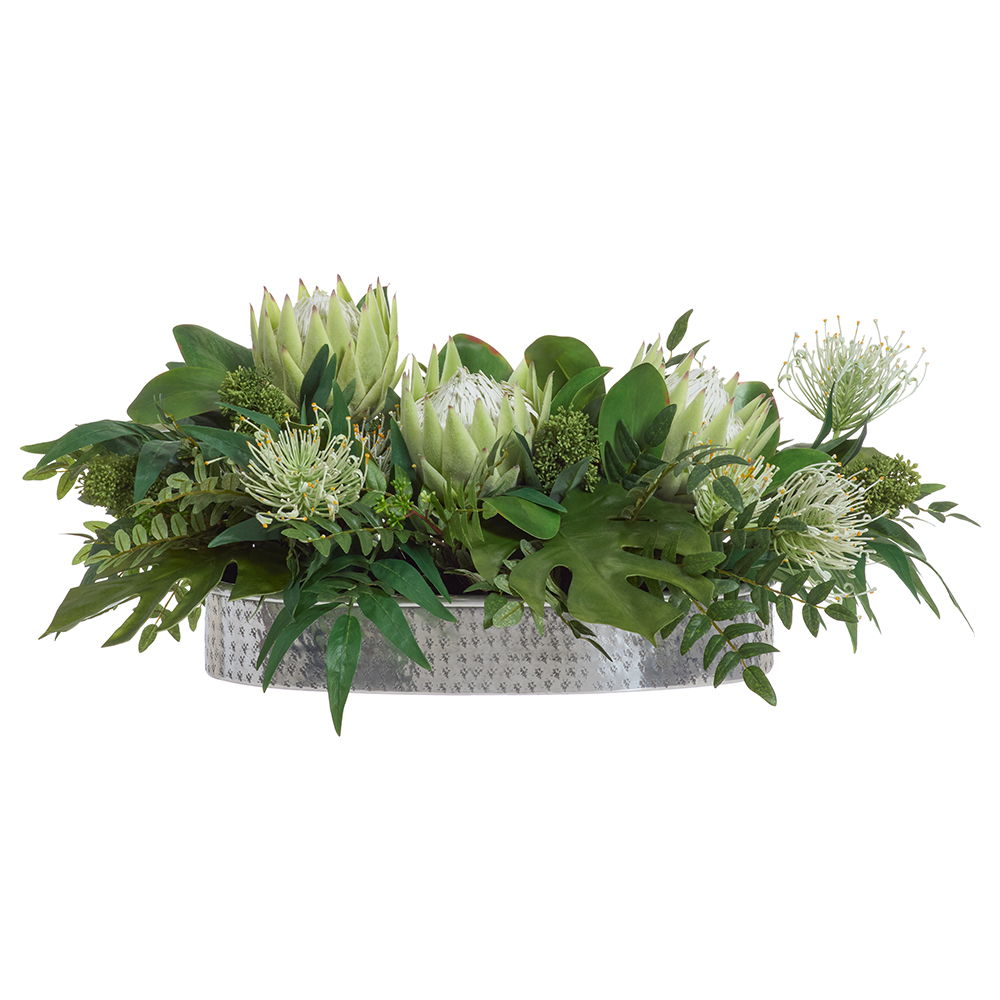 Protea/Philo Leaf Arrangement in Metal Planter Cream Green
