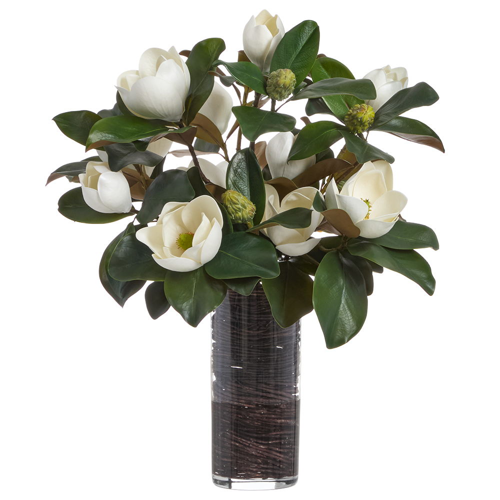 Magnolia/Twig Arrangement in Tall Glass Vase White