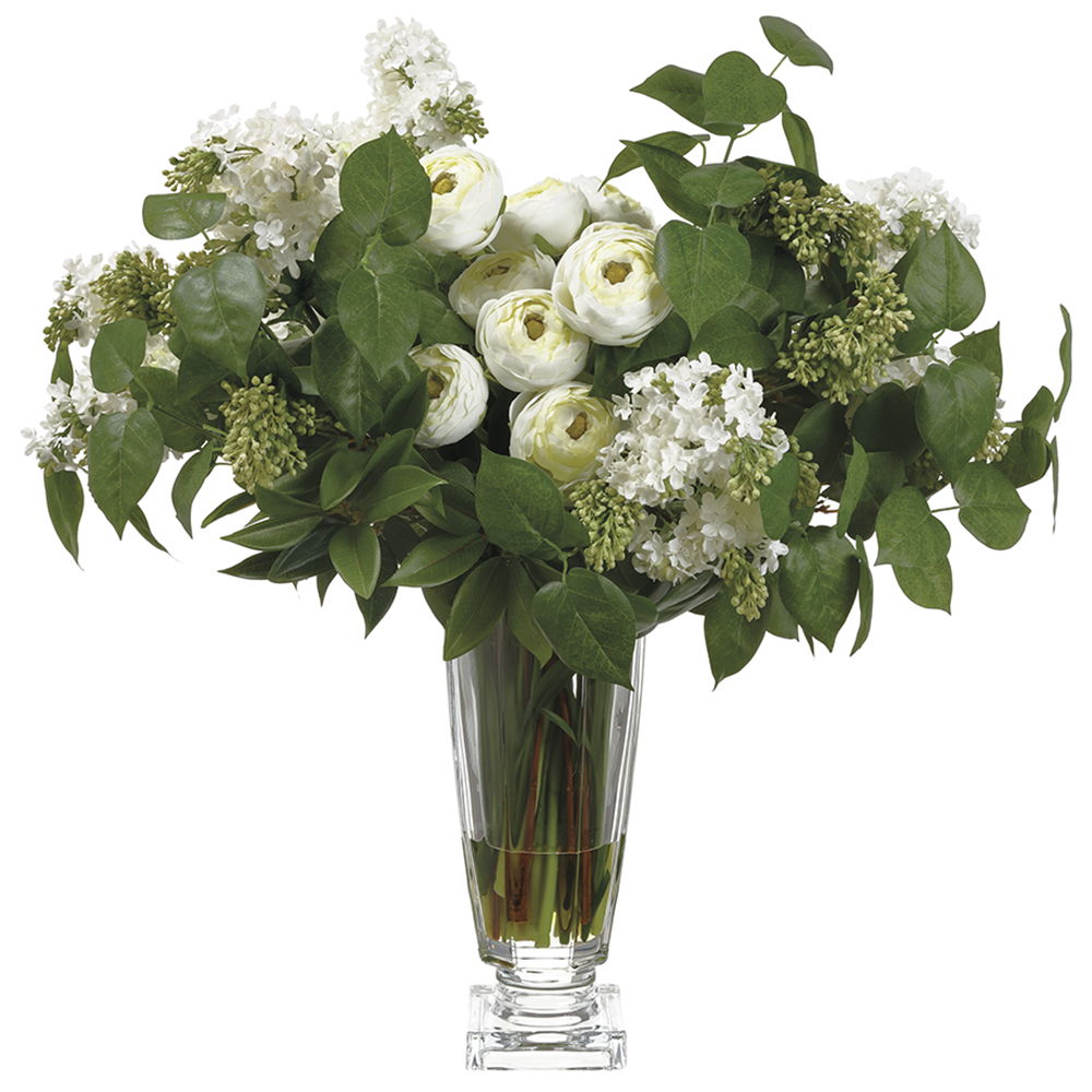 Lilac/Ranunculus in Glass Vase Cream Green