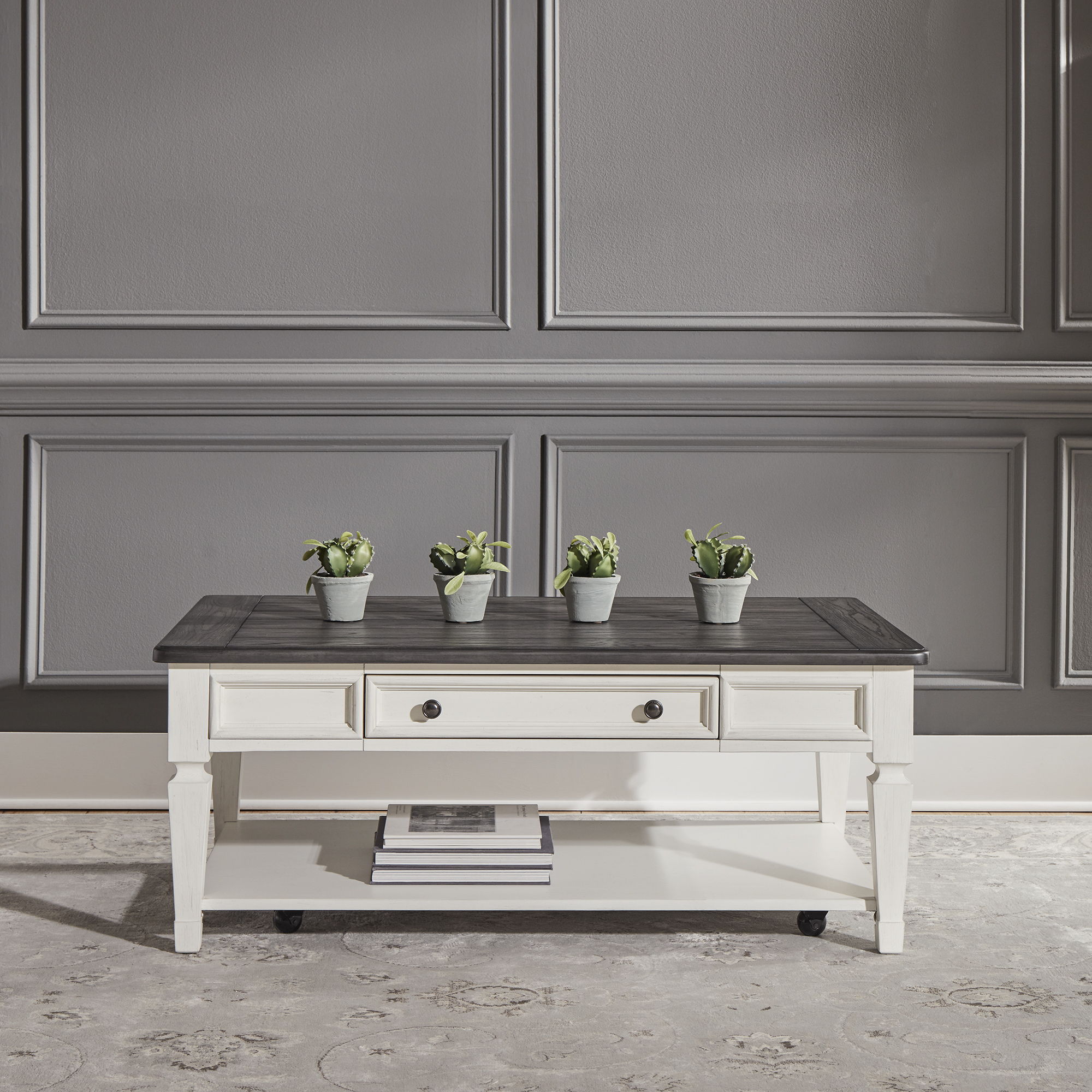Allyson Park - Rectangular Cocktail Table - Wirebrushed White / Charcoal
