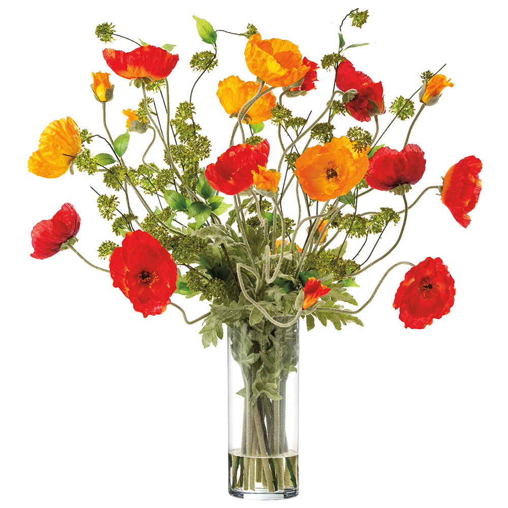 Large Mix Poppies in Tall Glass Vase Orange Red