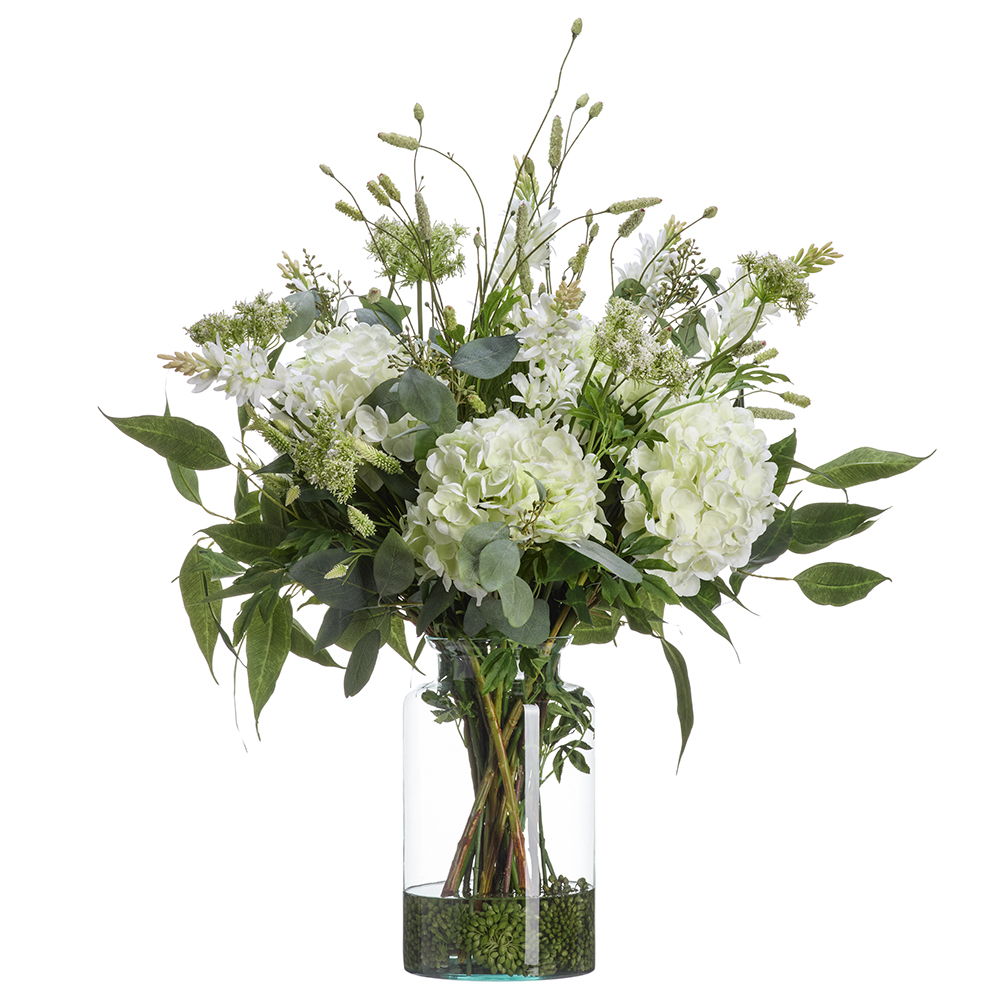 Hydrangea/Tuberose/Q.anne in Glass Vase Cream Green