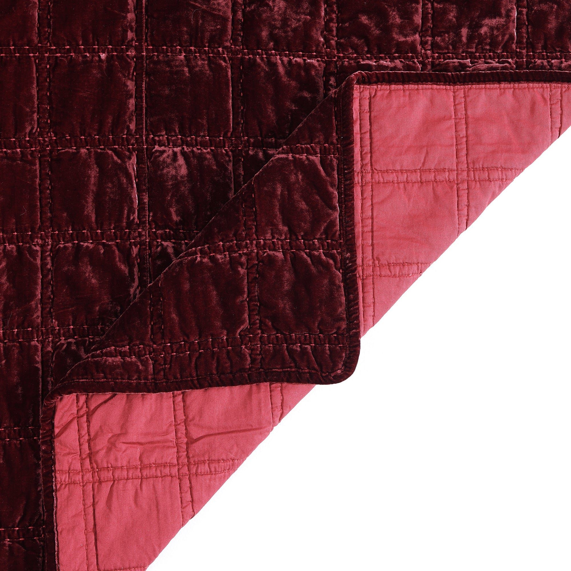 Stella - King Faux Silk Velvet Double Box Stitch Quilt Set (Set of 3) - Garnet Red