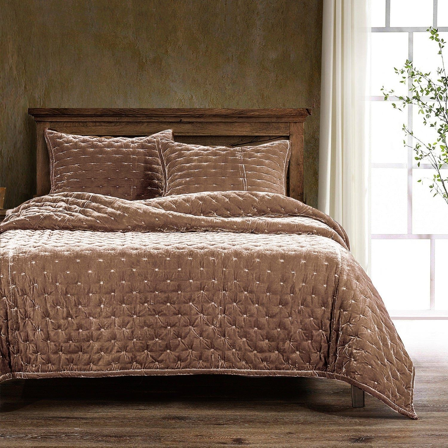 Stella - King Faux Silk Velvet Pintuck Quilt - Dusty Rose