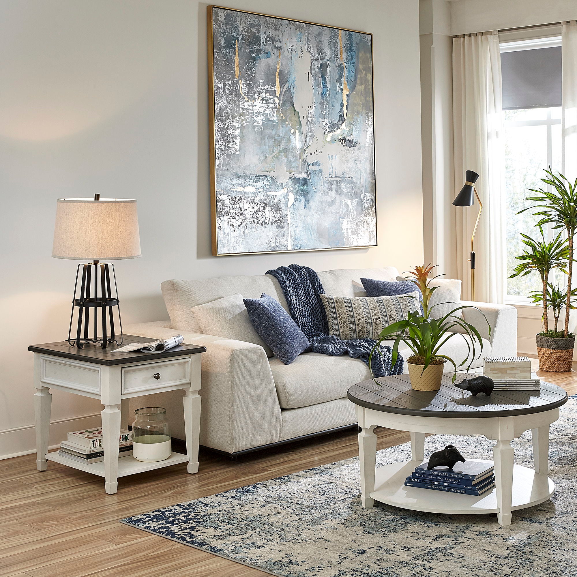 Allyson Park - 3 Piece Living Room Set (Round Cocktail Table) - Wirebrushed White / Charcoal