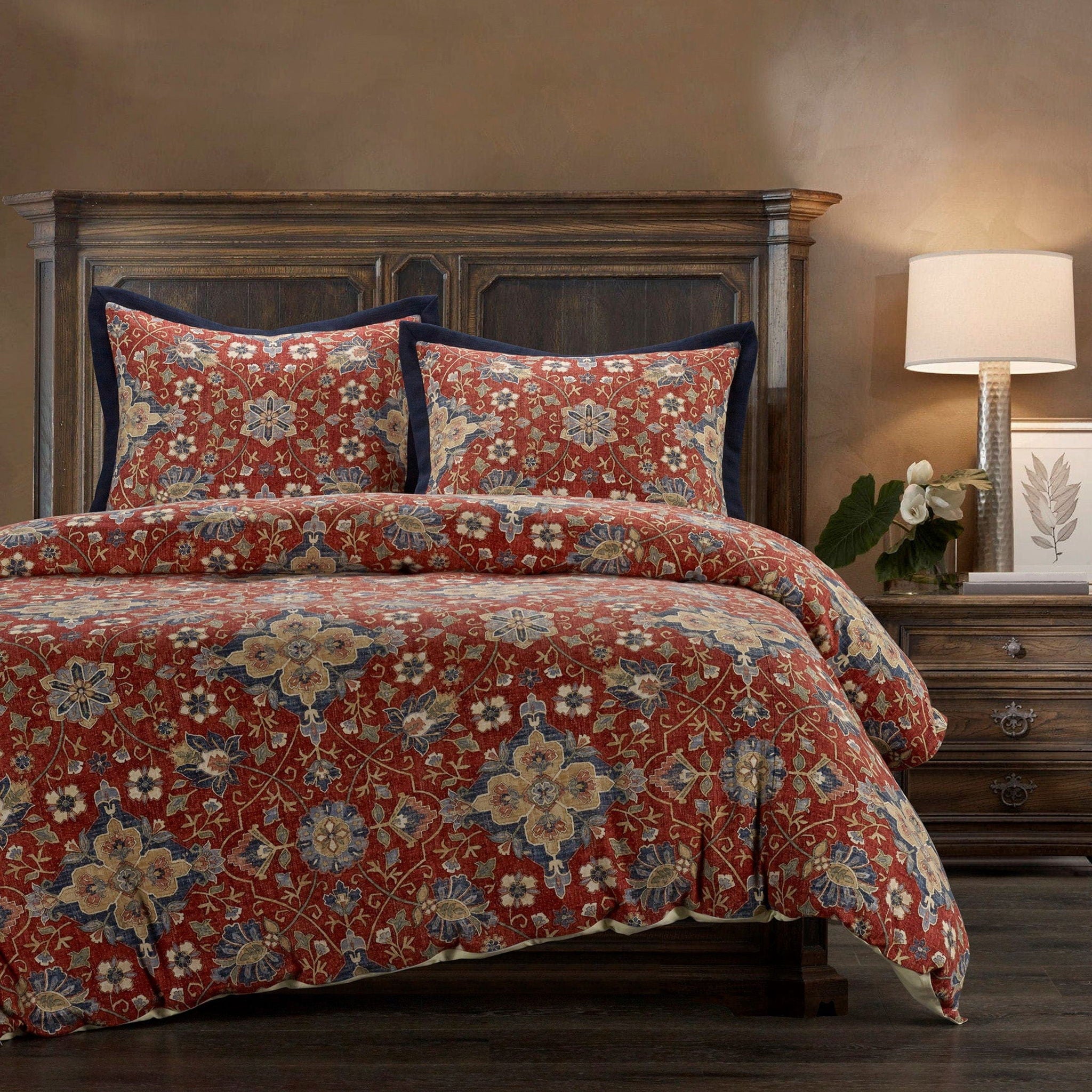 Melinda - King Washed Linen Comforter Set (Set of 3) - Red / Navy