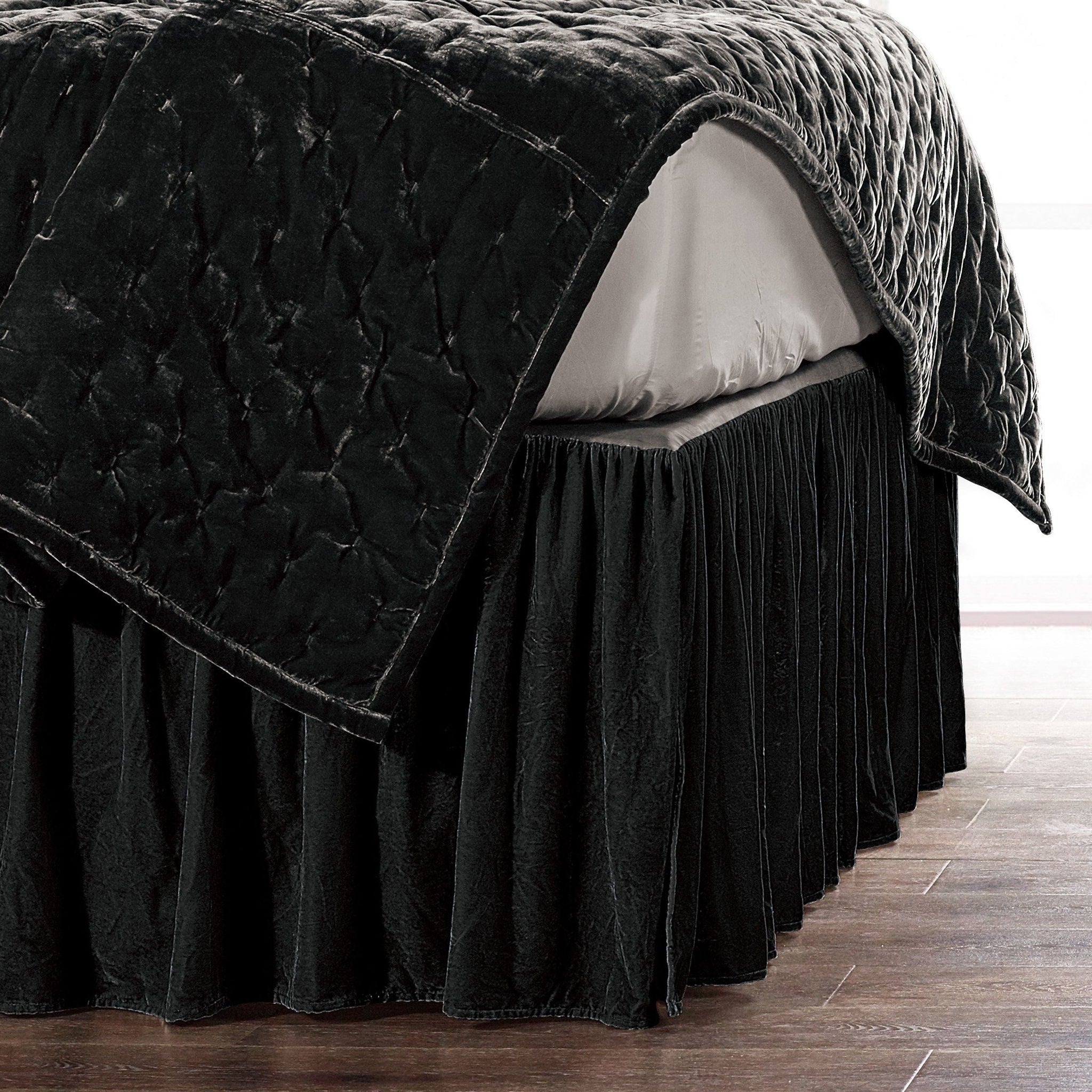 Stella - Queen Faux Silk Velvet Bed Skirt - Black