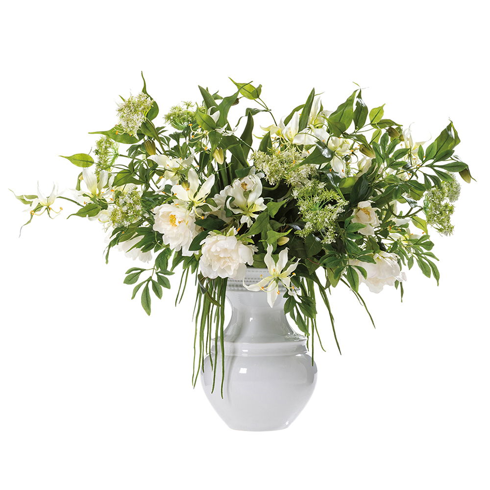 Gloriosa/Peony/Queen Anne Lace in Ceramic Vase White Gre