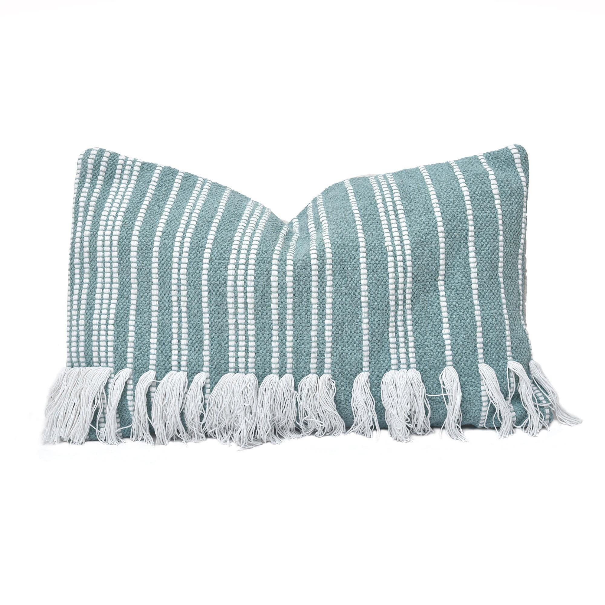 Decorative Pillow - Fringed Stripe Lumbar Rug Pillow - Light Blue