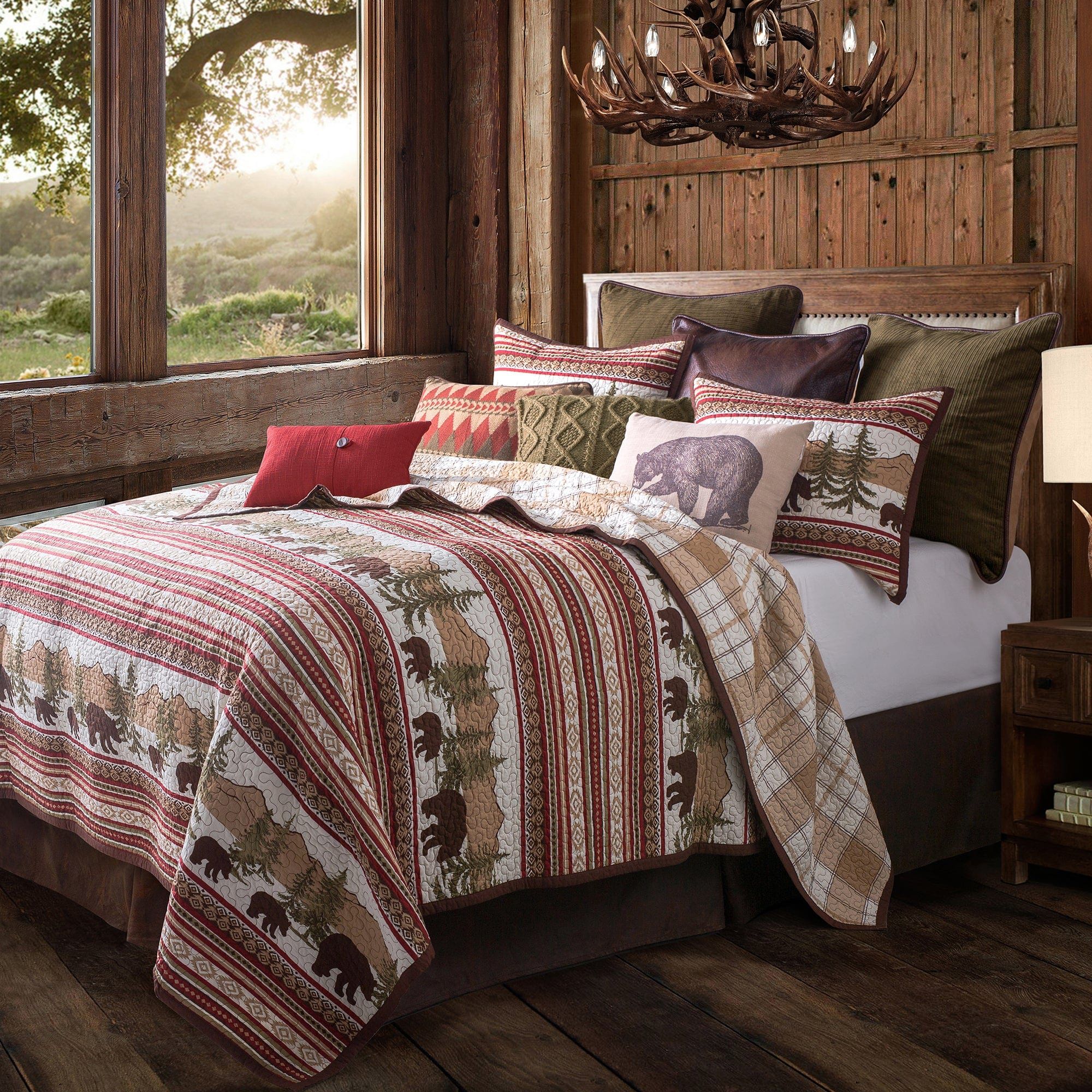 Bear Trail - Full/Queen Reversible Quilt Set (Set of 3) - Red / White / Tan