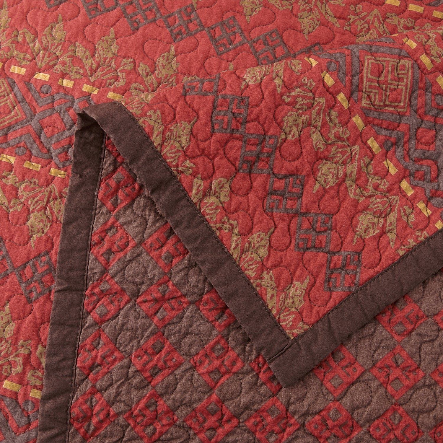 Rushmore - Full/Queen Reversible Quilt Set (Set of 3) - Red / Brown