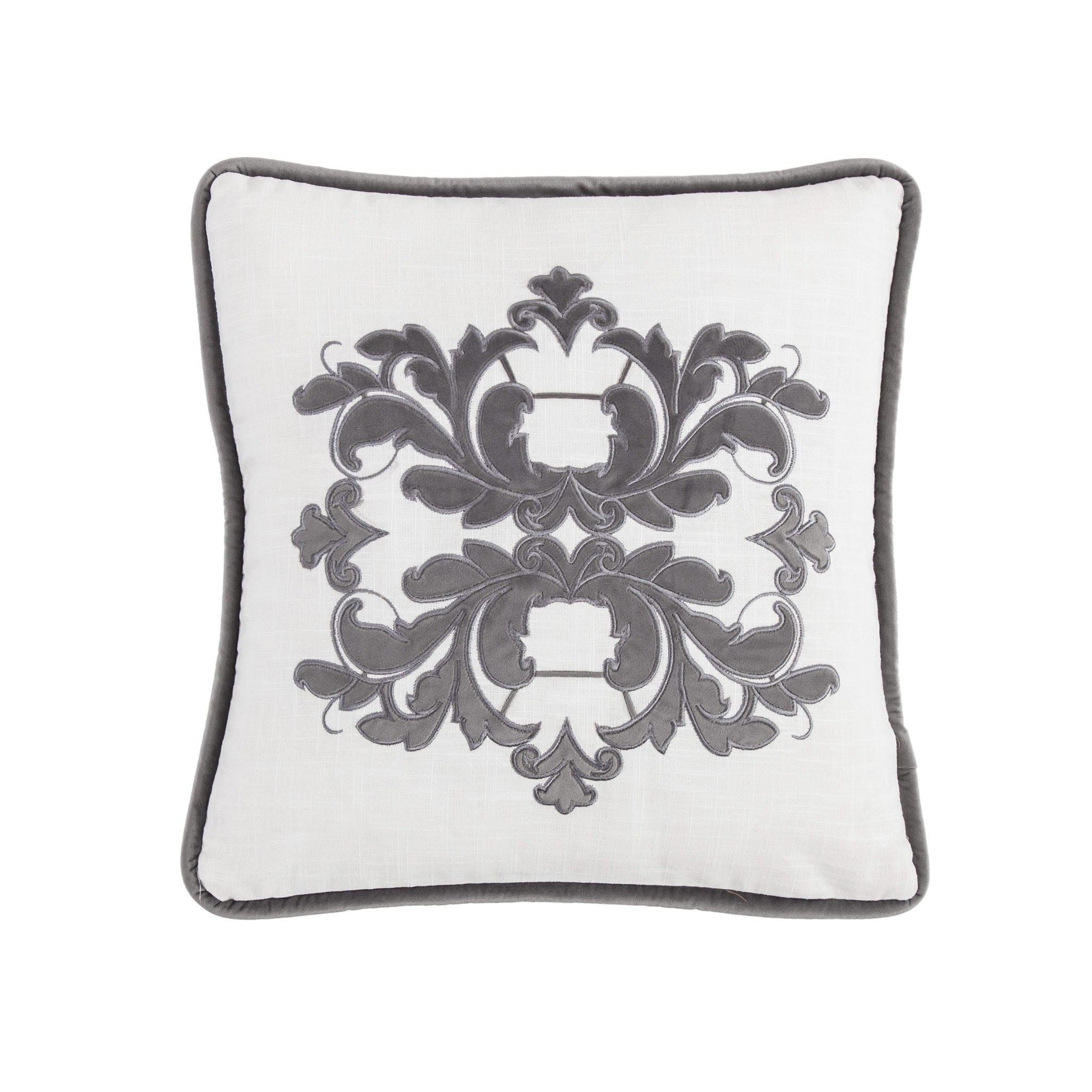 Madison - Velvet Embroidered White Square Pillow - White / Gray