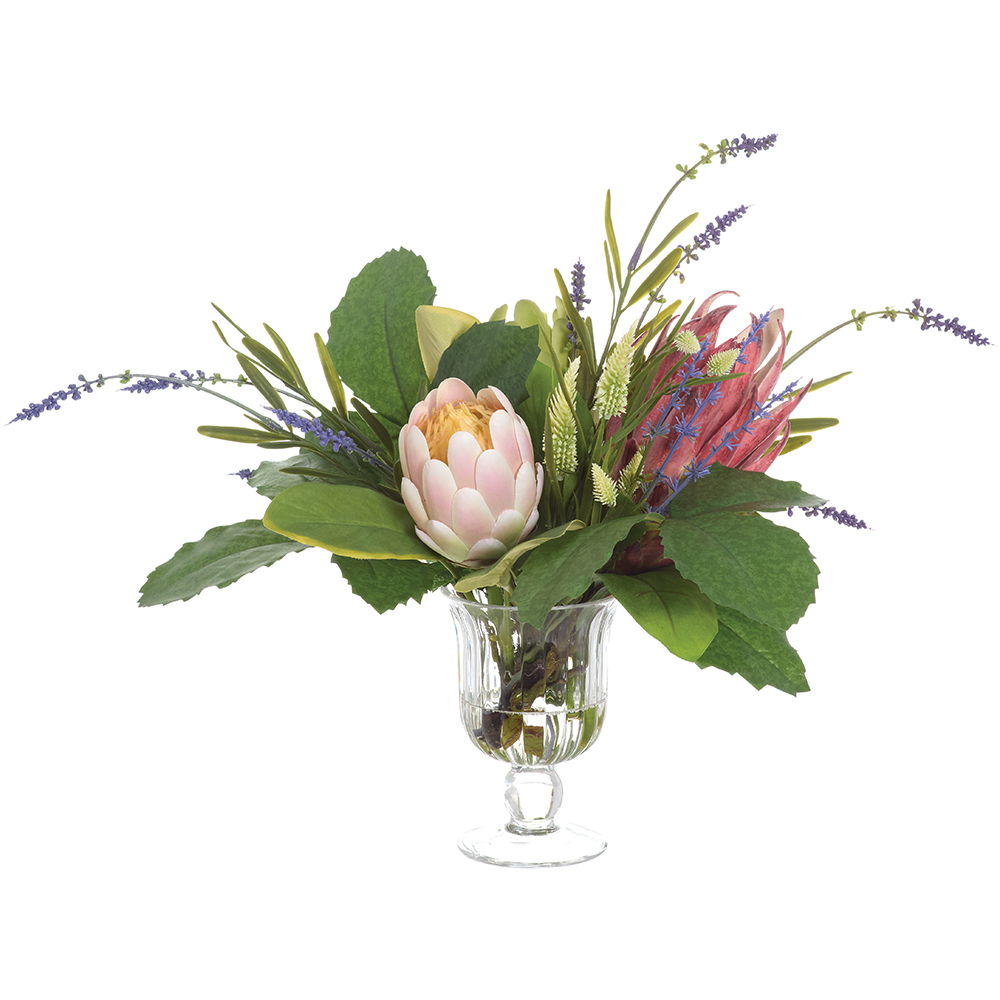PROTEA/LAVENDER IN GLASS VASE Pink Lavender