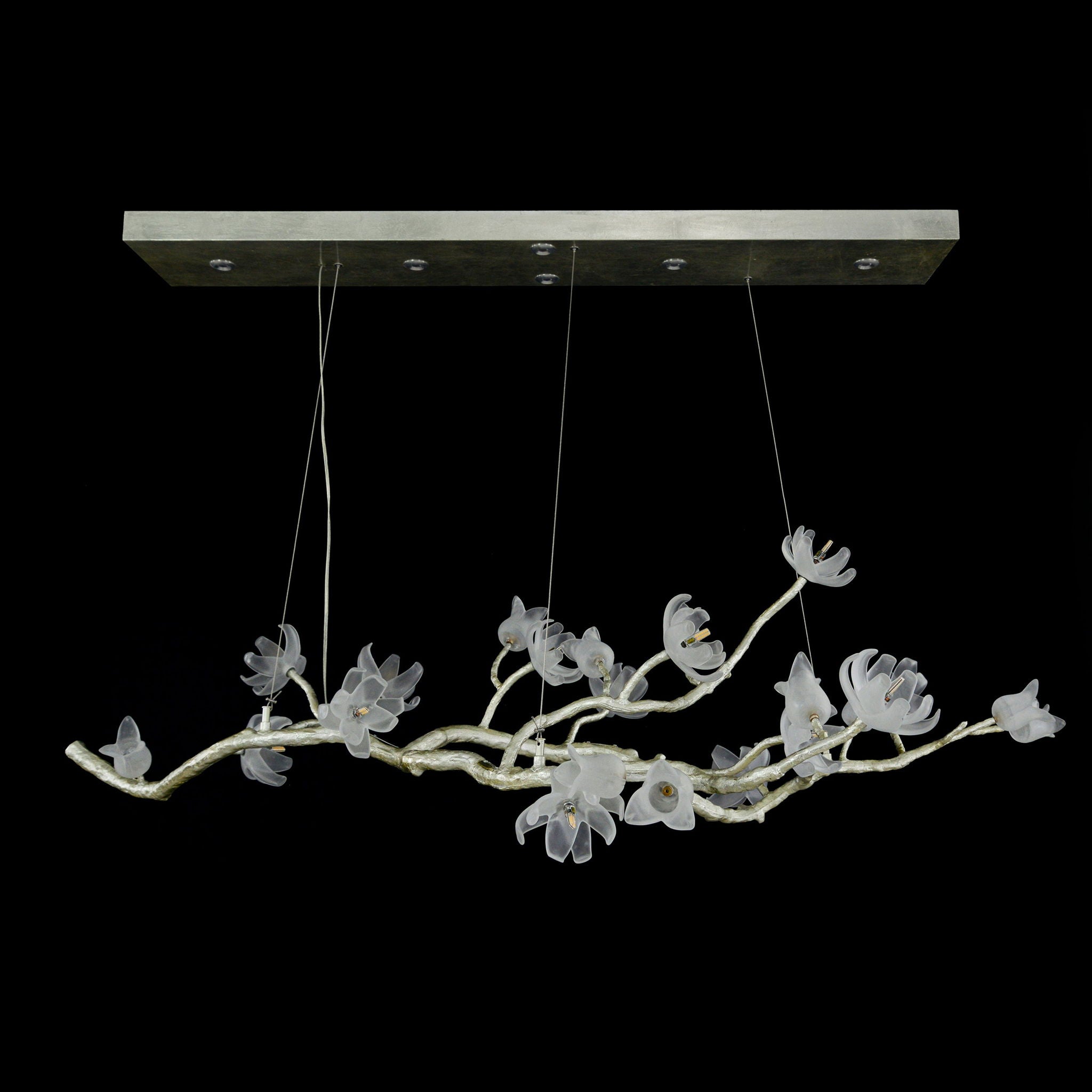 Churippu Magnolia & Tulip Glass Silver Leaf Oblong Nineteen-Light Chandelier