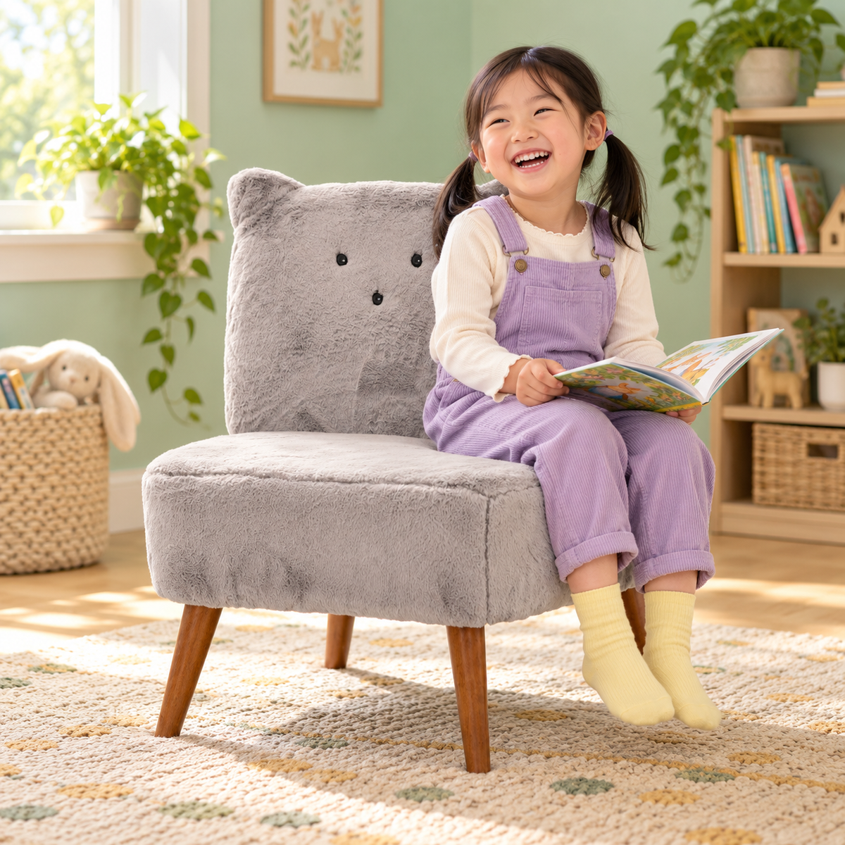 Laughing child with a picture book seated on the Kitten faux fur cat accent chair in Gray