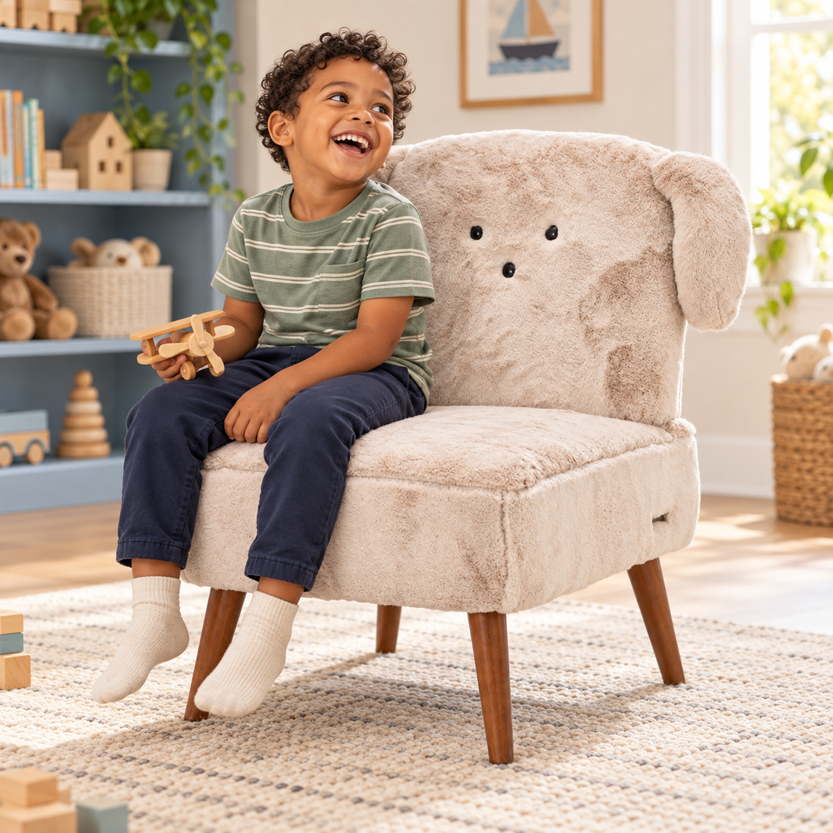 Laughing child with a toy airplane seated on the Puppy faux fur dog accent chair in Stone Beige