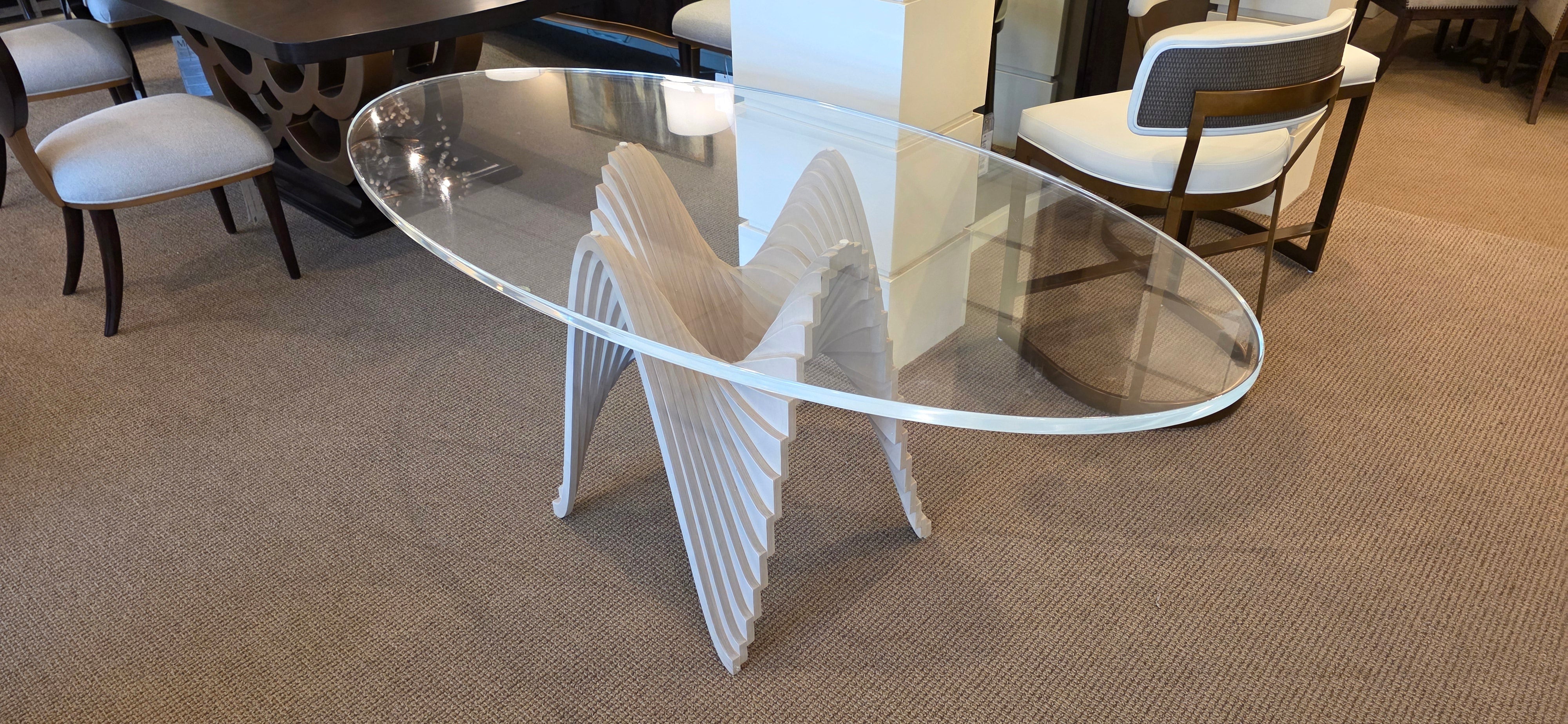 Soberon Studio Sculptural Wave Kitchen and Foyer Table with clear oval top and white curved base.